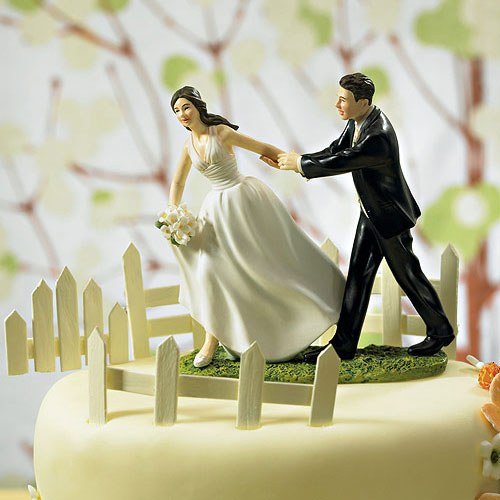 A Race To The Altar Comical Couple Porcelain Wedding Cake Topper 