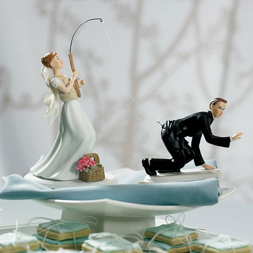 Gone Fishing Comical Couple Porcelain Wedding Cake Topper 