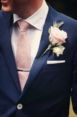 Navy Blue Suit With Soft Pink Tie & Boutonniere