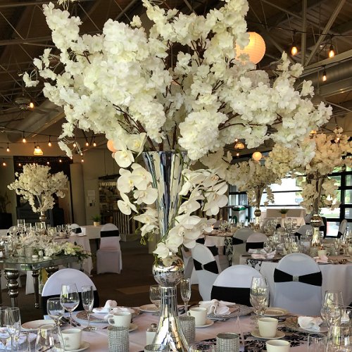 White, Silver & Black Reception Wedding Flower Table Centerpiece