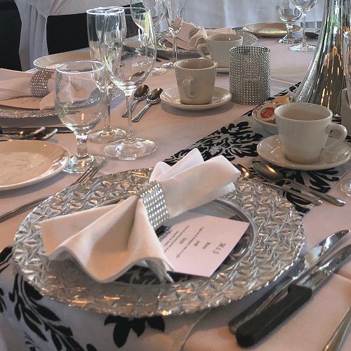 White, Silver & Black Reception Wedding Table Setting