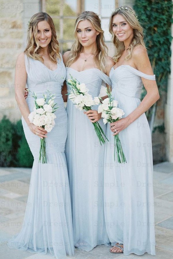 A-line off the shoulder light blue chiffon bridesmaid dresses