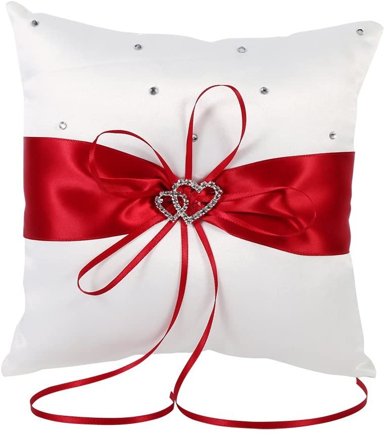 Christmas Wedding Red Ribbon Ring Bearer Pillow