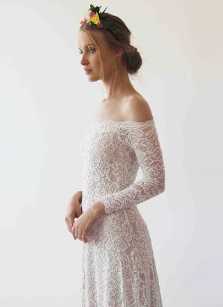 Ivory nude off-the-shoulder floral lace bridal gown