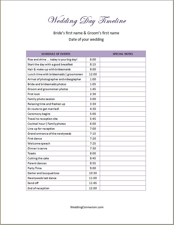 Wedding Day Timeline Example | WeddingConnexion.com