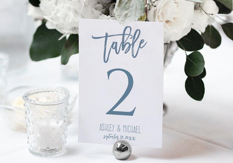 Dusty Blue Calligraphy Table Number Template