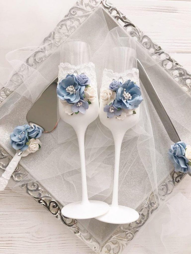 Dusty Blue Champagne Toasting Flutes French Country Inspired Wedding