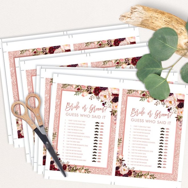 Rose Gold & Burgundy Bridal Shower Digital Download Game Bundle