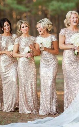 Glamorous Bateau Cap Sleeve Bridesmaid Dress With Sequins