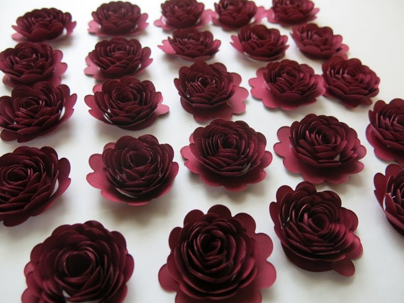Scalloped Burgundy Rose Paper Flowers Bridal Shower Table Decor