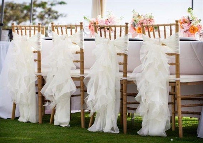 Chiffon Sash Band & Organza Curly Ruffled Tail Chair Cover