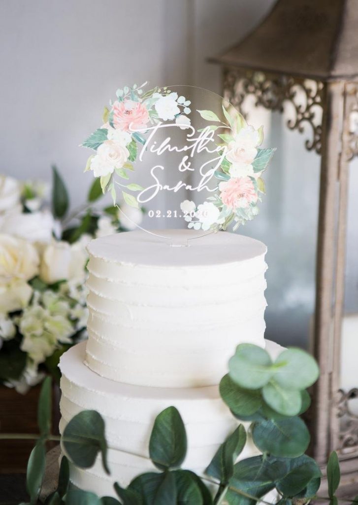 Personalized Acrylic Floral Wedding Cake Topper