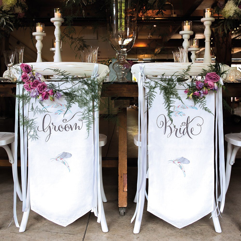 Feather Whimsy Bride & Groom Chair Banner Set - Wedding Chair Decor Ideas