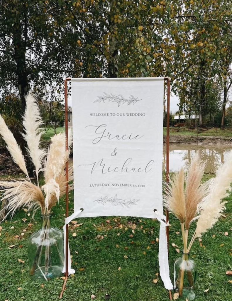 Custom Linen Wedding Welcome Sign With Copper Stand