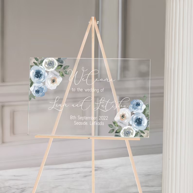 Acrylic Floral Dusty Blue Wedding Welcome Sign