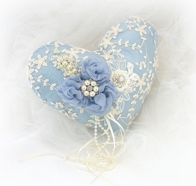Heart Shaped Dusty Blue Ring Bearer Pillow