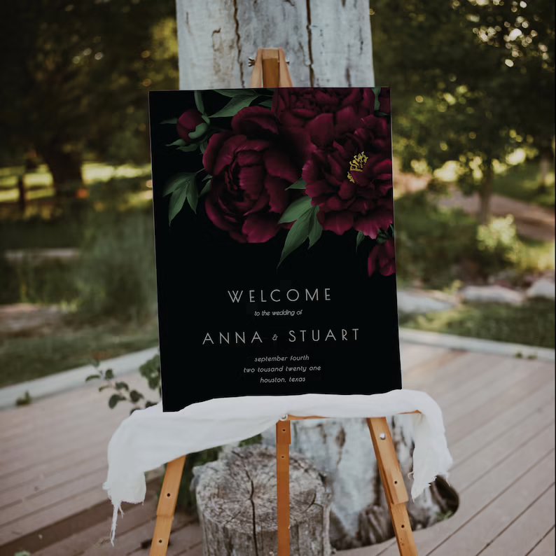 Moody Black & Burgundy Wedding Welcome Sign