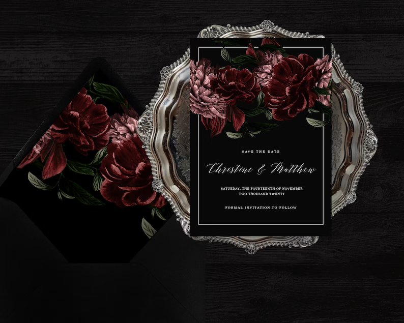 Moody Black & Burgundy Wedding Save The Date Template