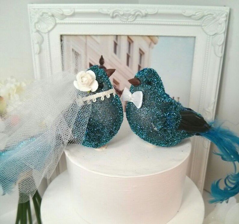 Teal Blue Turquoise Love Birds Wedding Cake Topper