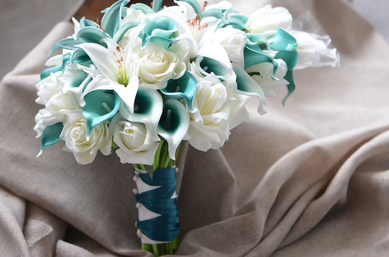 Teal Tiger Lily & Rose Bridal Bouquet