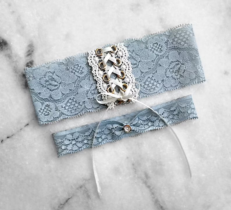 Vintage Lace Dusty Blue Garter Set