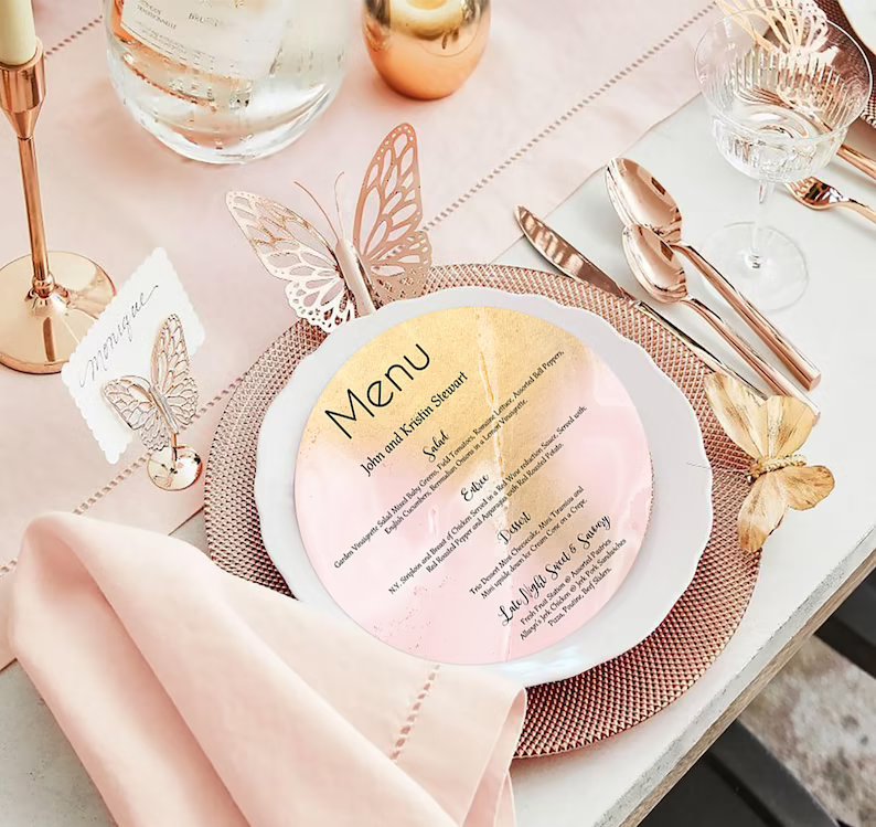 Blush & Gold Round Wedding Menu Card