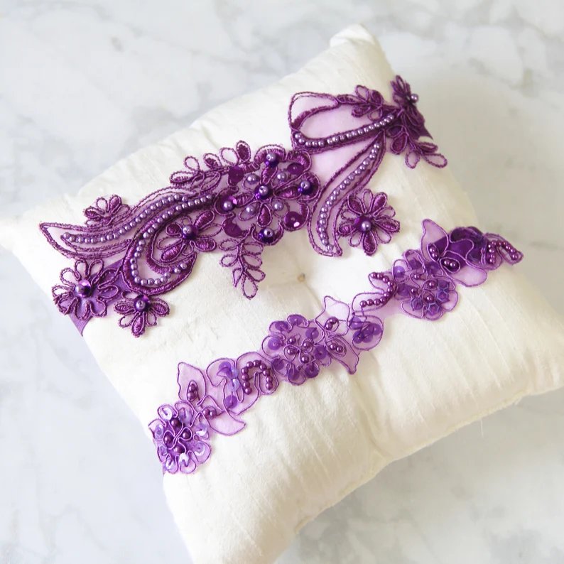 Bridal Purple Beaded Lace Garter Set