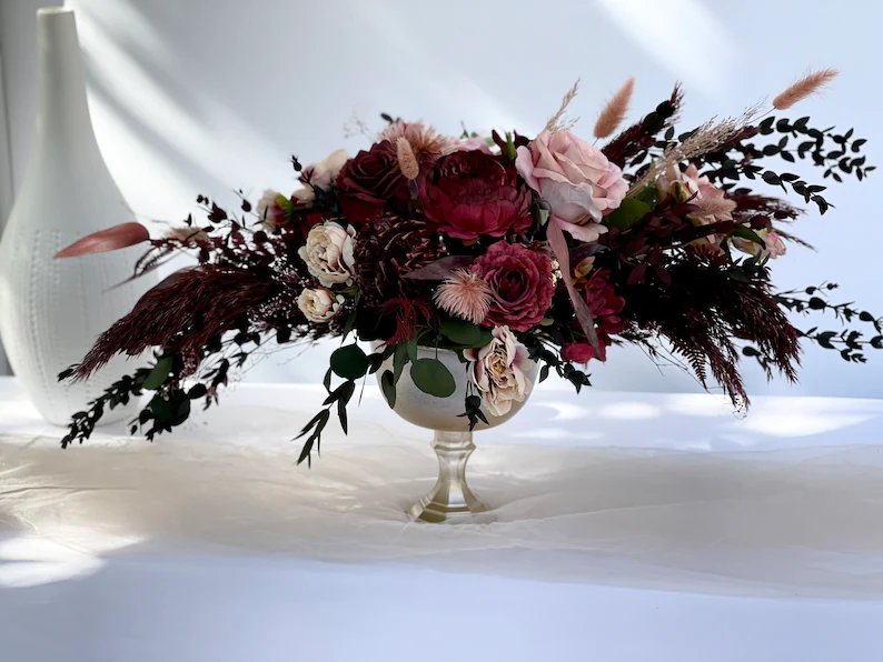 Dusty Rose, Mauve, and Burgundy Wedding Color Palette Centerpiece