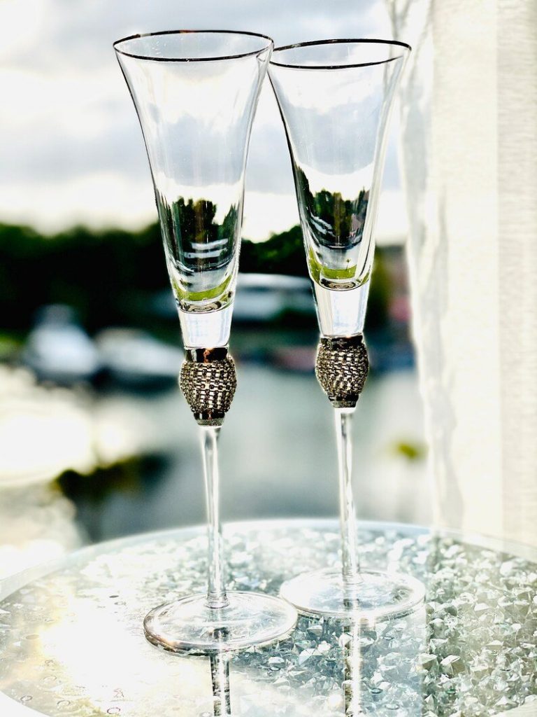 Silver Toasting Flutes with Rhinestones