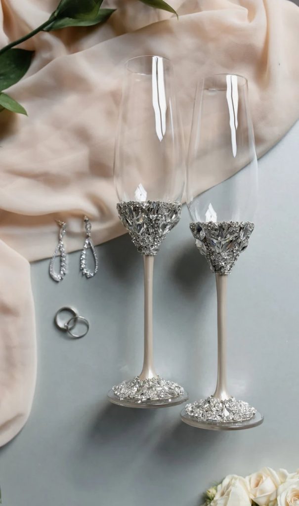 Rhinestones adorned Exquisite Silver Champagne Toasting Flutes