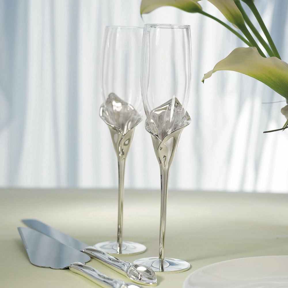 Exquisite Silver Calla Lilly Wedding Toasting Flutes