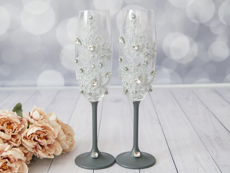 Grey Lace Wedding Champagne Toasting Flutes