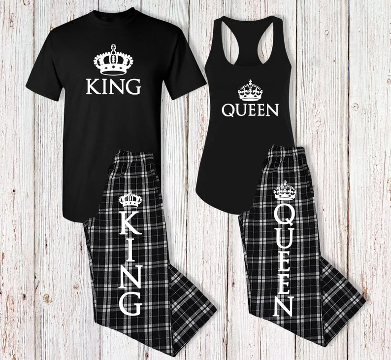 King & Queen Matching Couple Pajama Set | Around The Clock Bridal Shower Theme Gift Idea