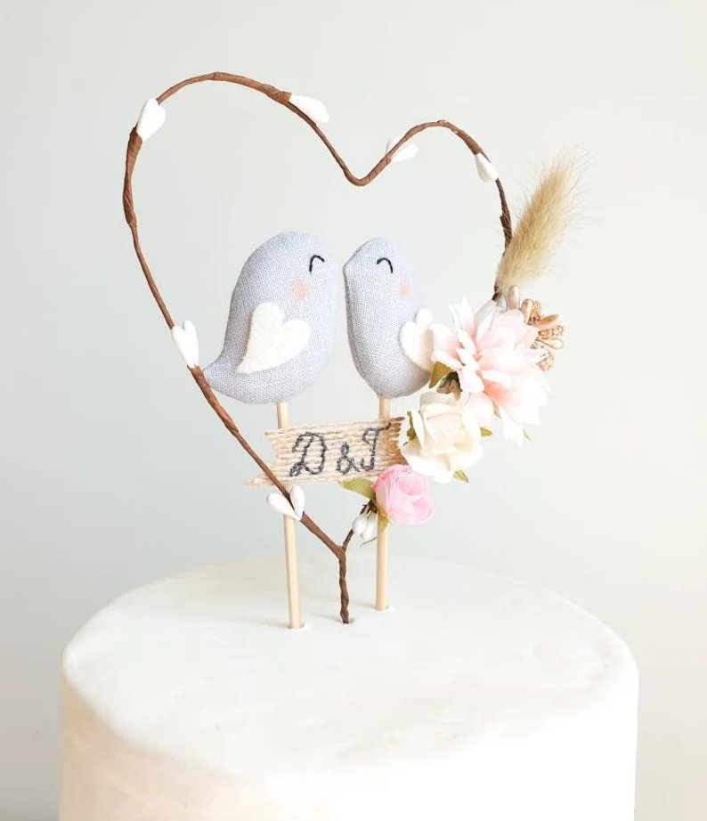 Silver Grey & Blush Personalized Love Birds Contemporary Wedding Cake Topper