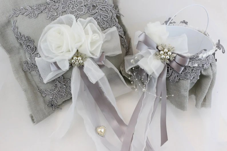 Grey Ring Pillow & Flower Girl Basket