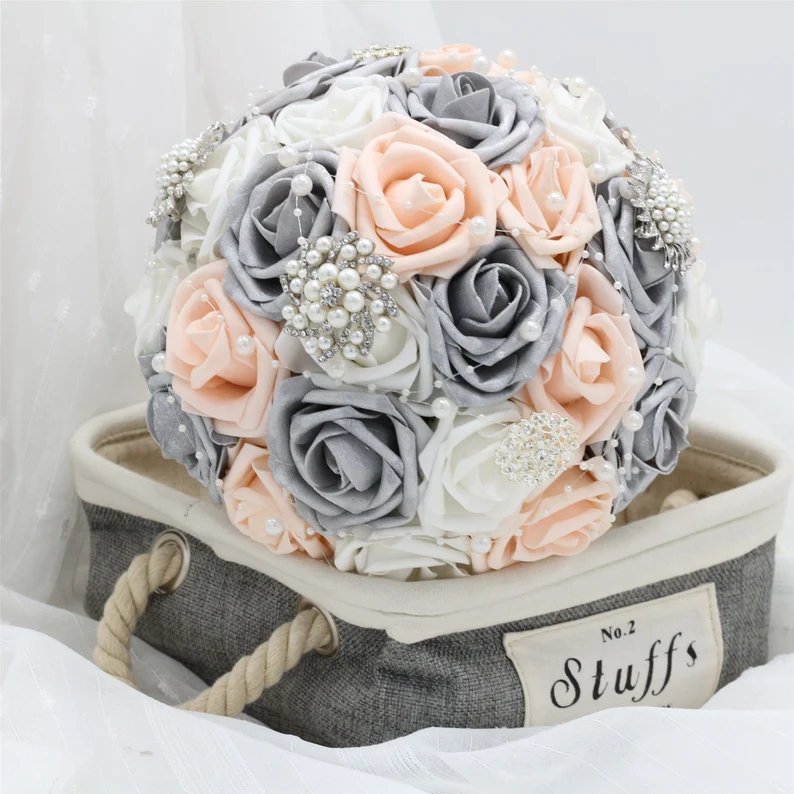 Silver Gray & Blush Wedding Contemporary Brooch Flower Bouquet