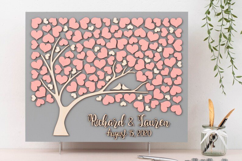 Silver Grey & Blush Contemporary Wedding Wooden Guest Book Alternative