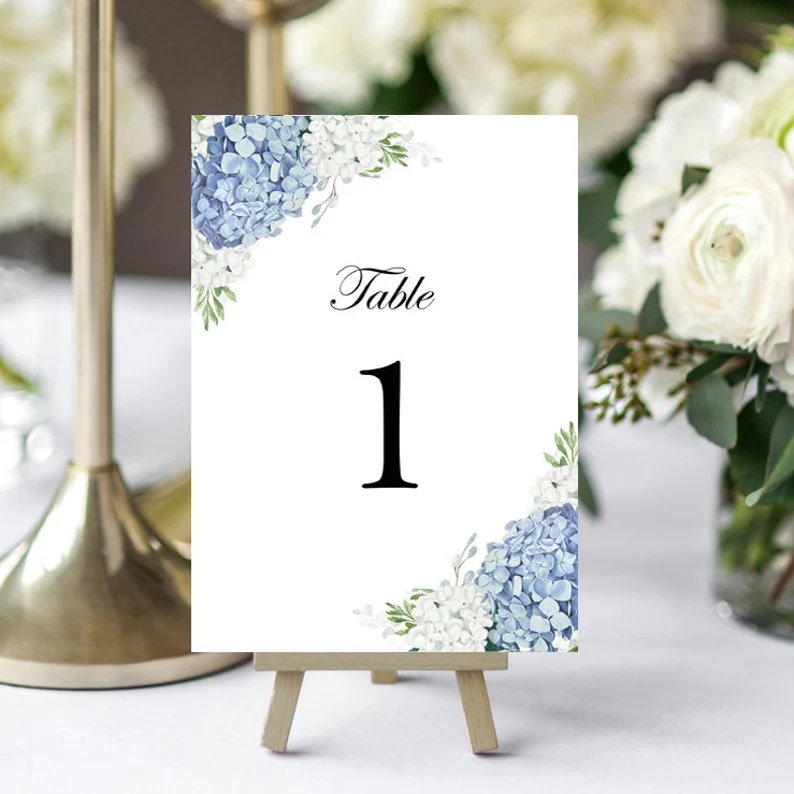Blue Hydrangea in Bloom Printed Wedding Table Number Card