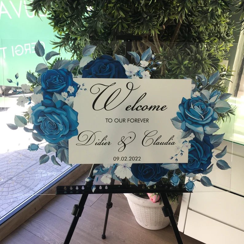 Blue Roses Printed Acrylic Welcome Sign