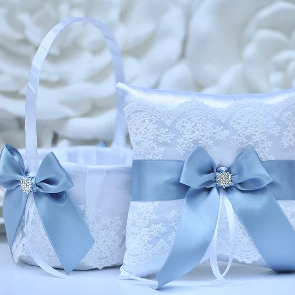 European Flair Blue Flower Girl Basket and Ring Bearer Pillow Set