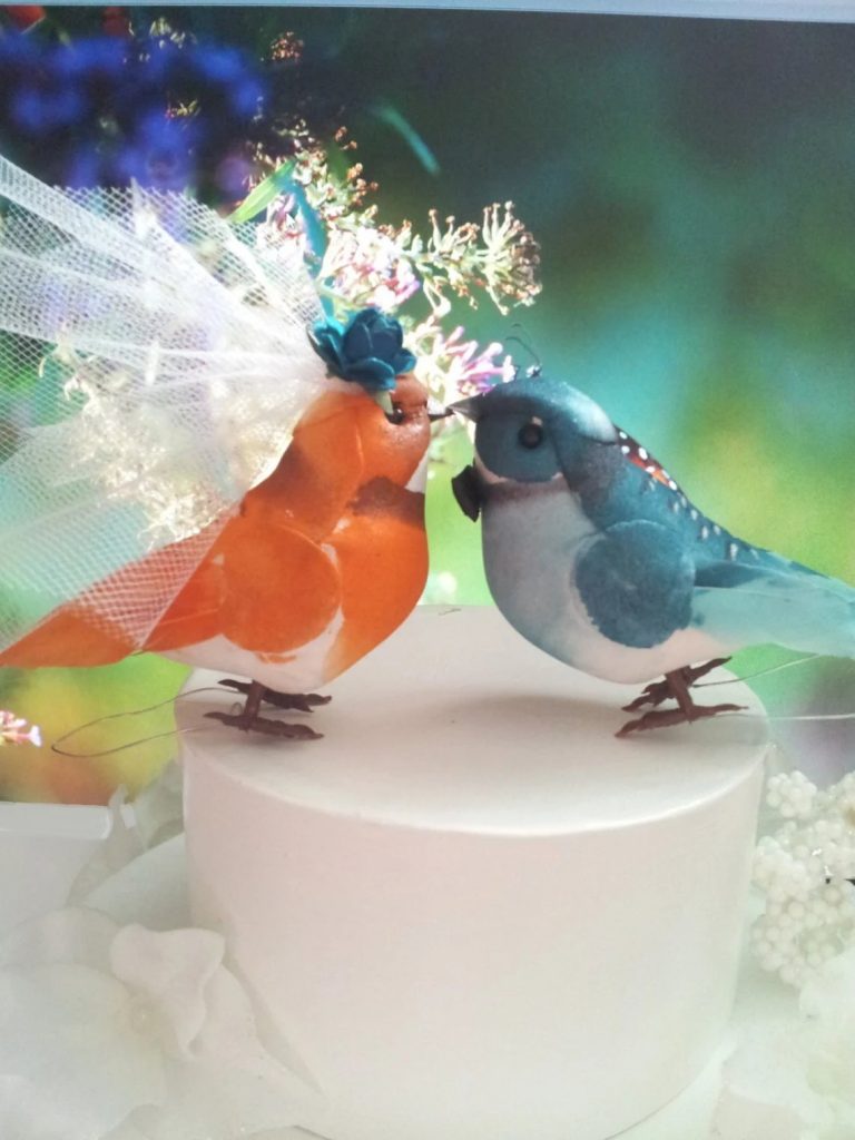Teal Orange Tropical Love Birds Wedding Cake Topper