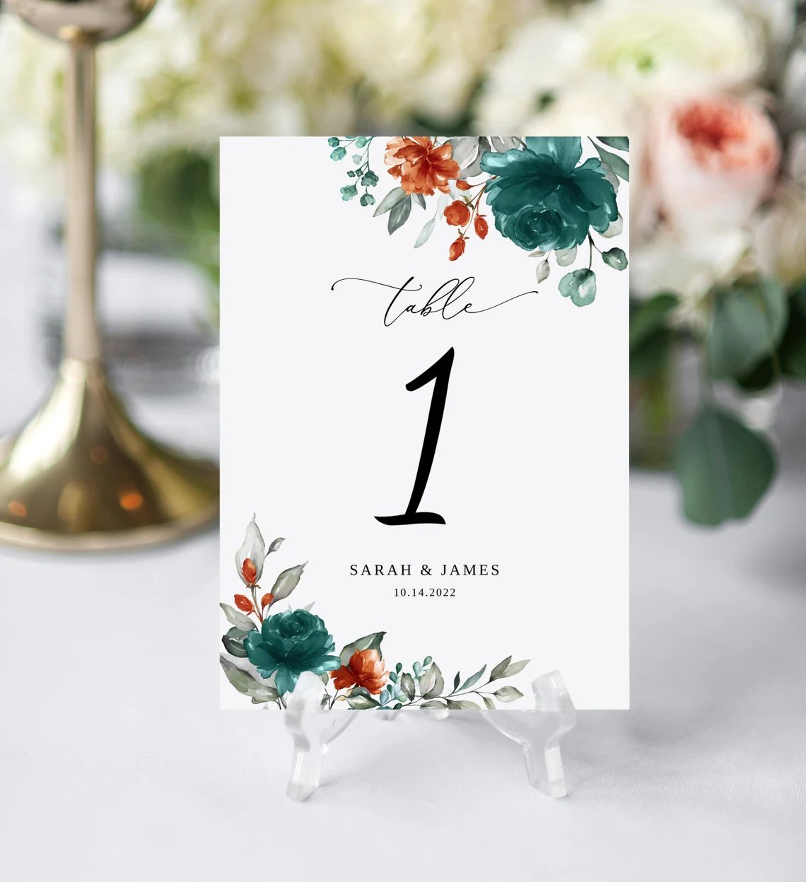 Teal Orange Wedding Table Numbers Printable