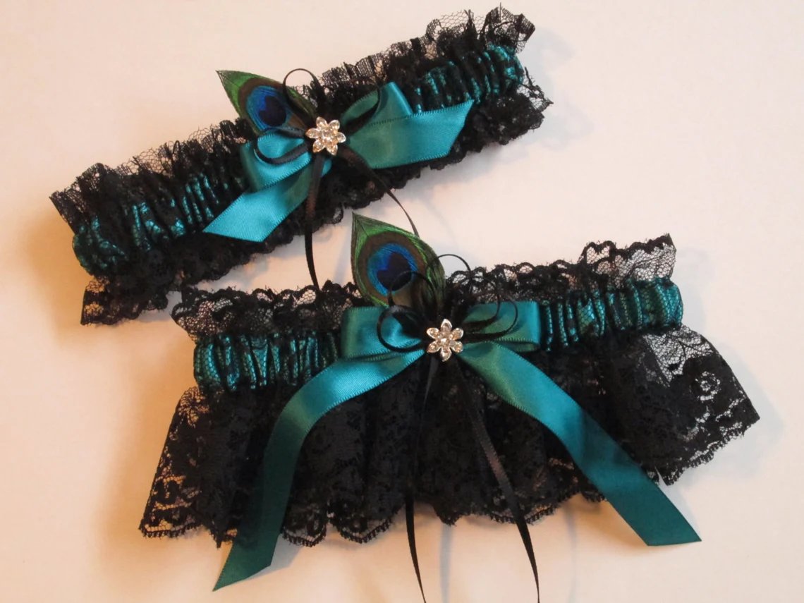 Black Lace & Green Wedding Garter Set