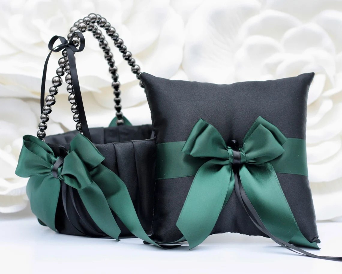 Dark Green & Black Flower Girl Basket and Ring Bearer Pillow Set Wedding Ideas