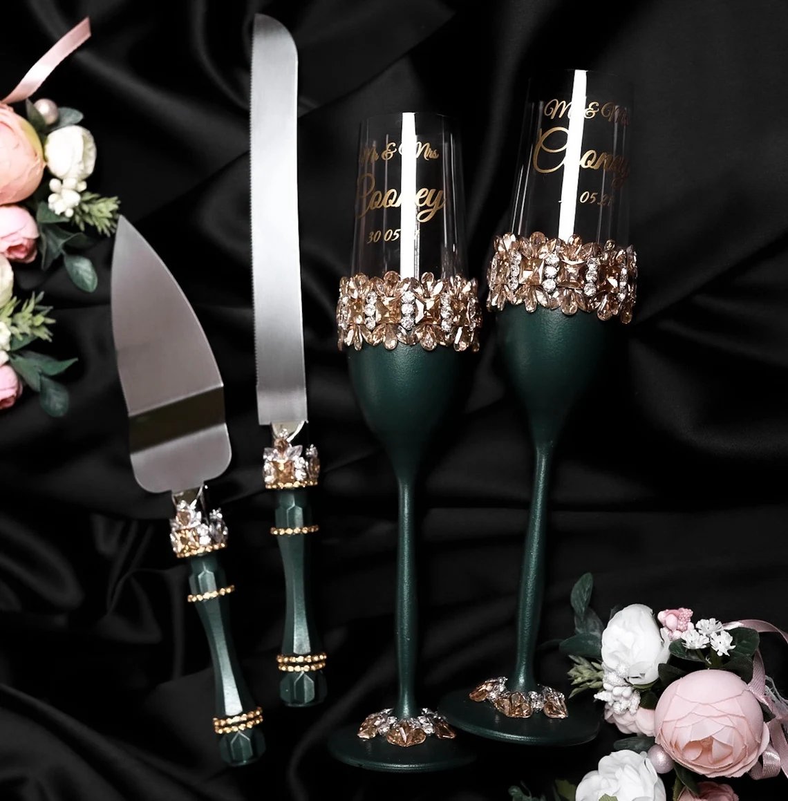 Emerald Green Wedding Toasting Flutes Cake Server Set