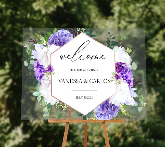Purple Flower Acrylic Wedding Welcome Sign