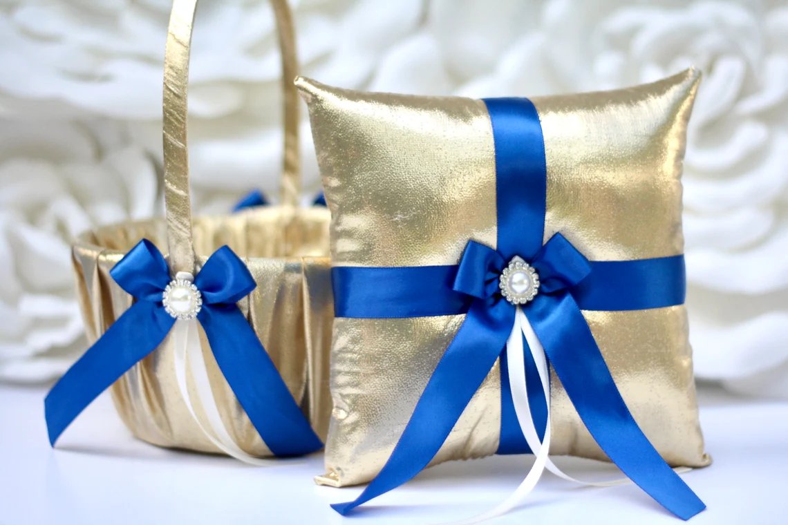 Royal Blue Flower Girl Basket & Ring Bearer Pillow Set