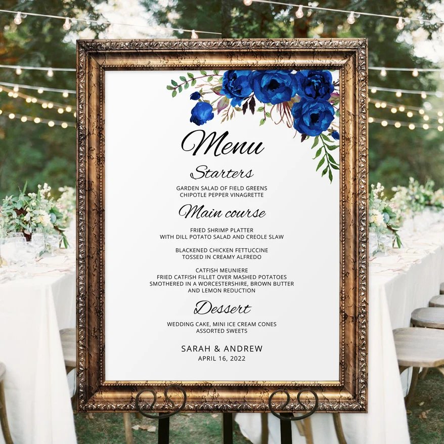 Royal Blue Wedding Menu Printable