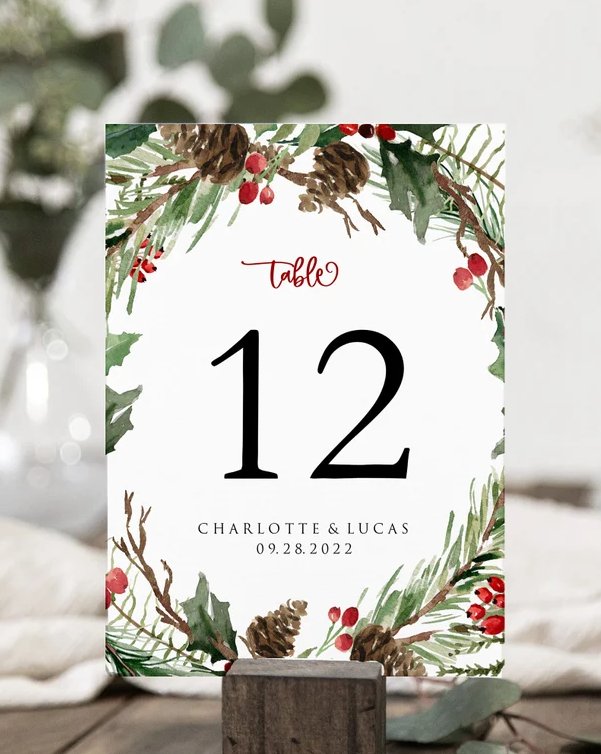 Christmas Wedding Table Number Card Printable