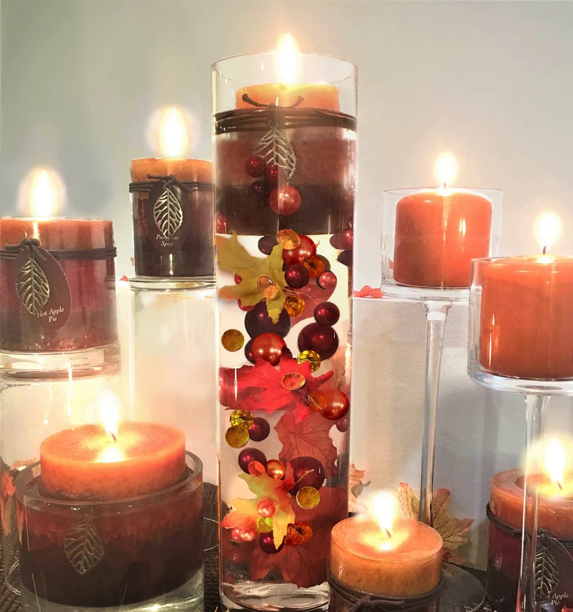 Fall Leaves, Gems & Pearls Fall Wedding Centerpiece Decor 